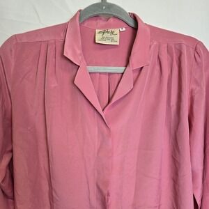Vtg 80s Sphere Long Sleeve Hidden Button Secretary Blouse, Pink, Womens Size 8
